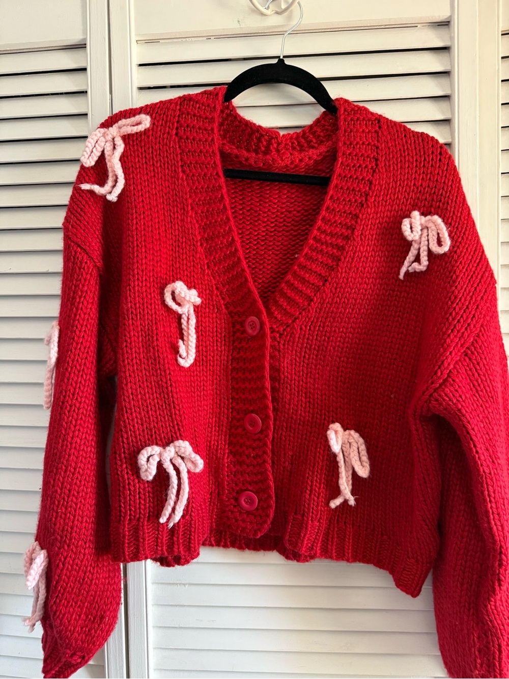 Cider Red Knit Button-Front Sweater with Pink Bow Accents